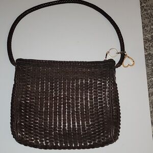 CEM Vintage Woven Leather Brown Shoulder Bag with Gold Heart Charm.